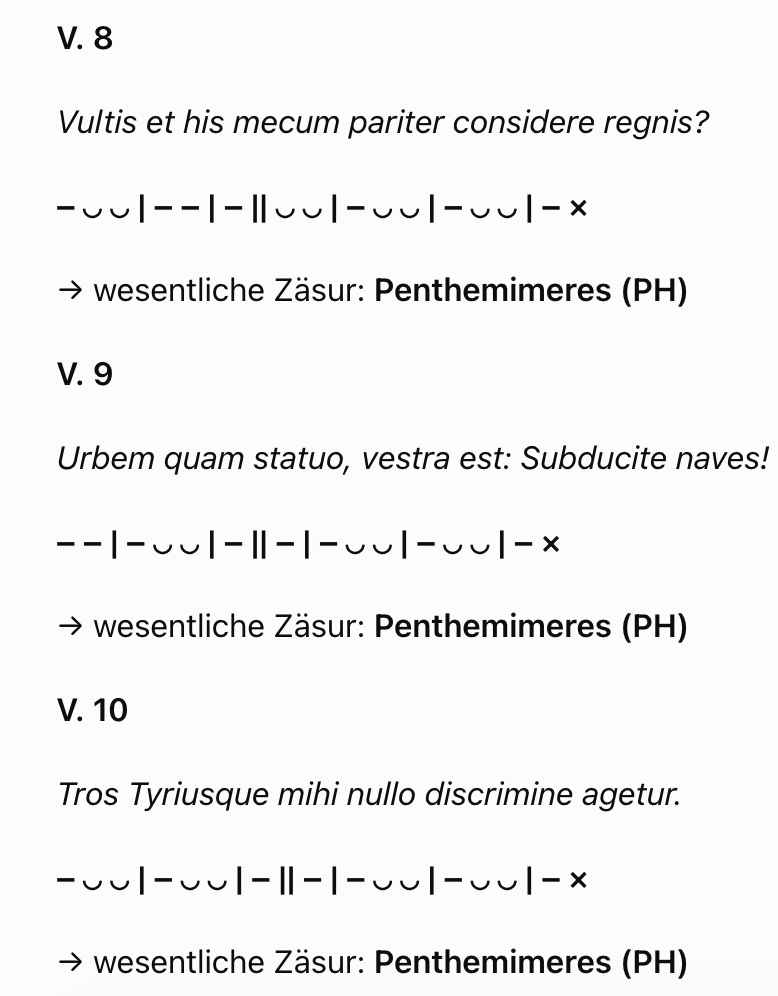 Lateinische Verse 8 bis 10 mit metrischer Analyse und Kennzeichnung des Penthemimeres (PH).